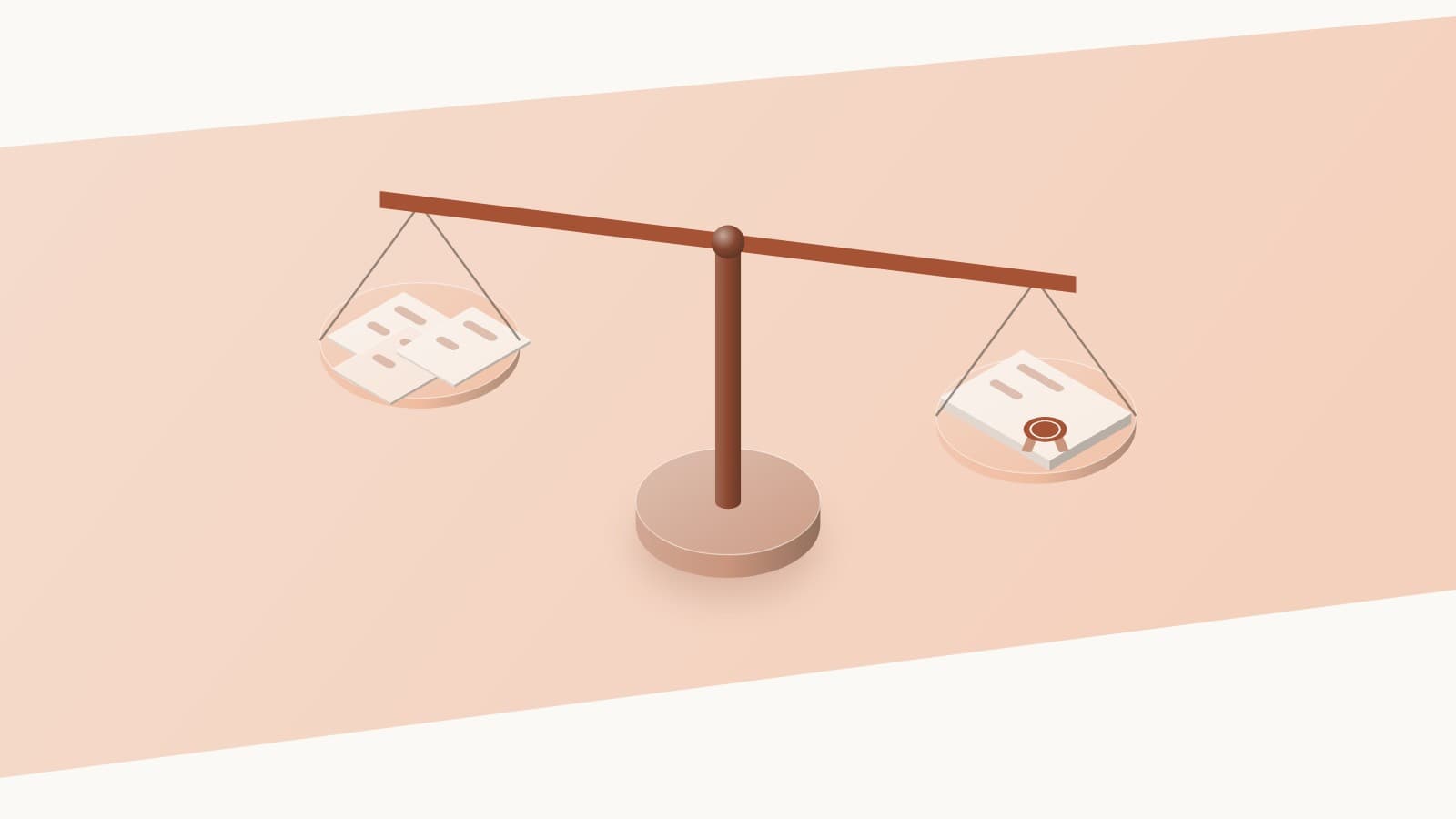Illustration of a balance scale with loose handouts on the raised pan and a sealed certificate on the lower pan