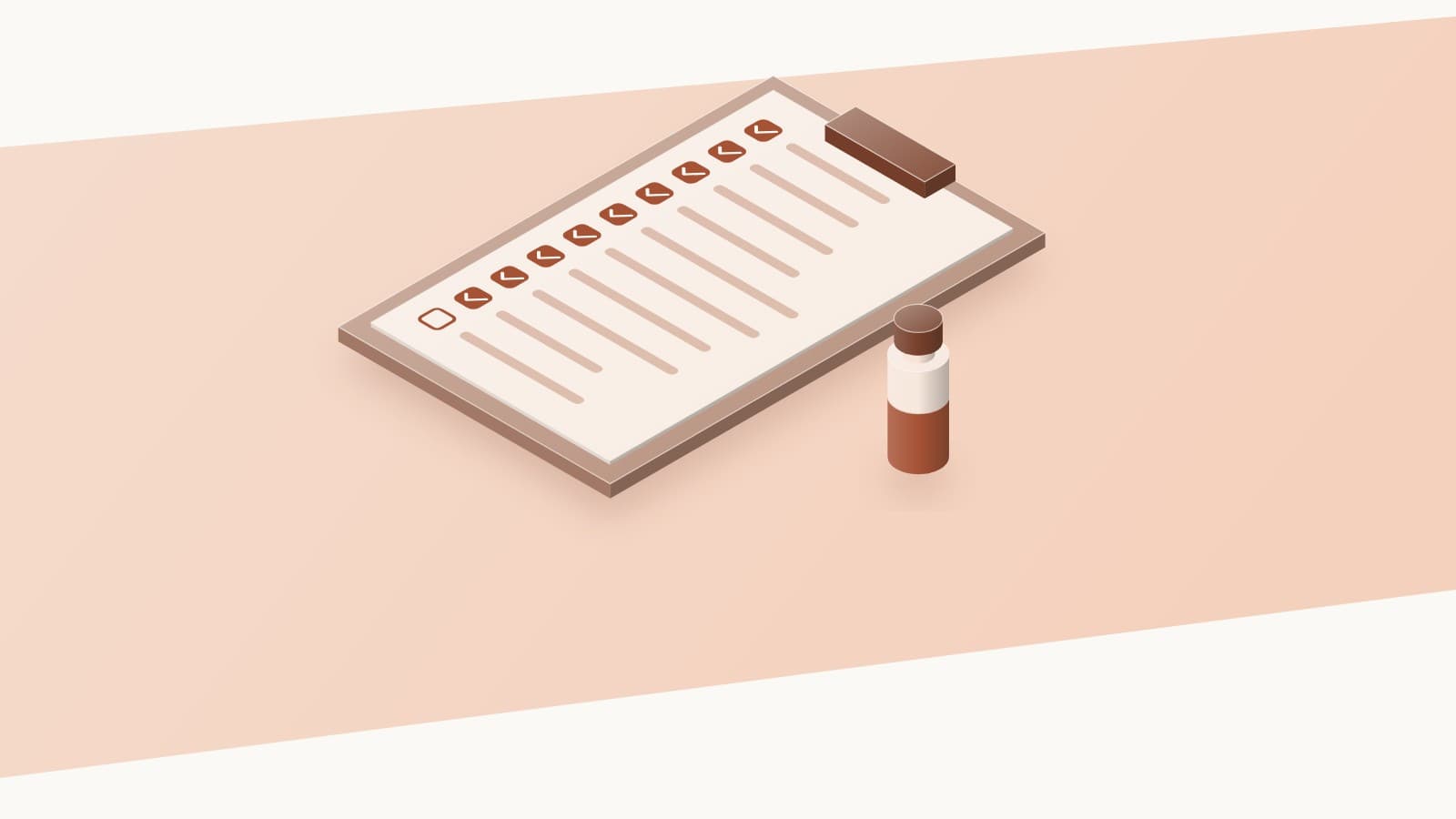 Illustration of a clipboard checklist with every row but the last ticked, beside a peptide vial