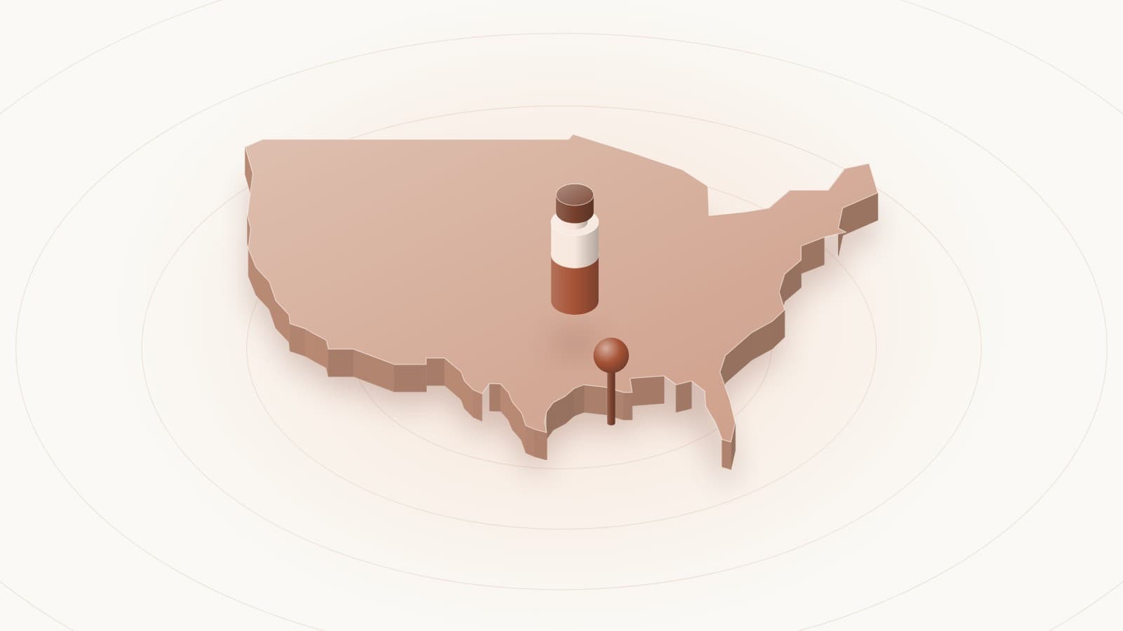 Illustration of a peptide vial standing on a raised map of the United States