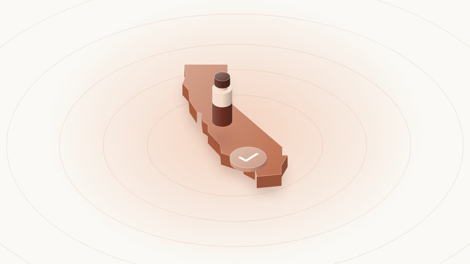 Illustration of a peptide vial standing on a raised map of California