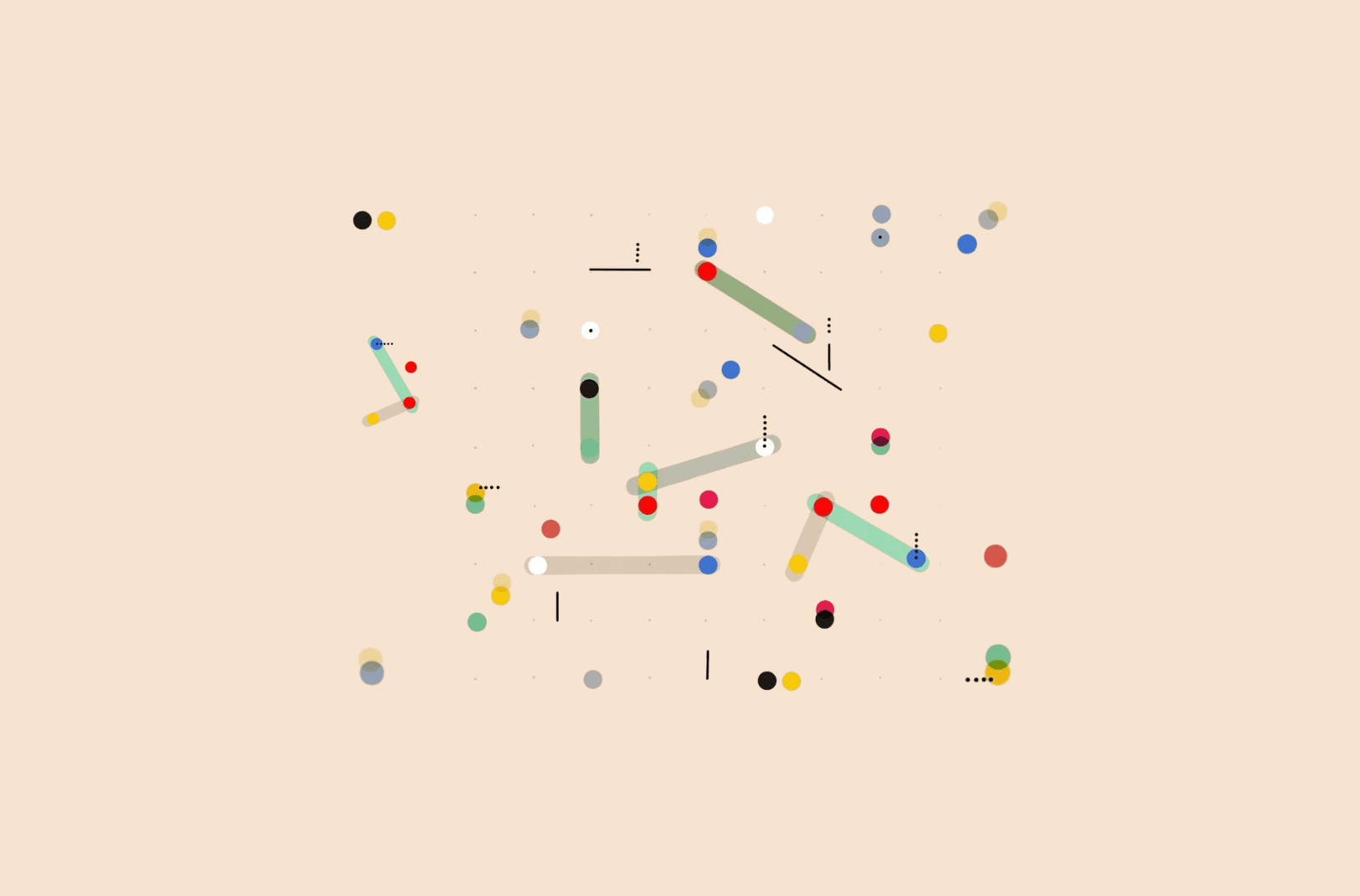 Abstract illustration of colored dots joined by translucent lines on a cream grid