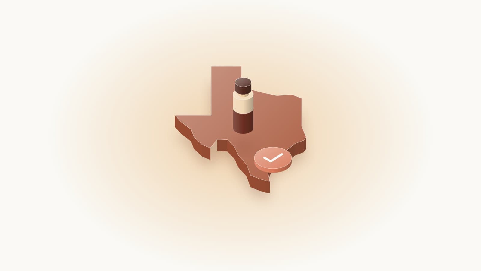 Illustration of a peptide vial standing on a raised map of Texas