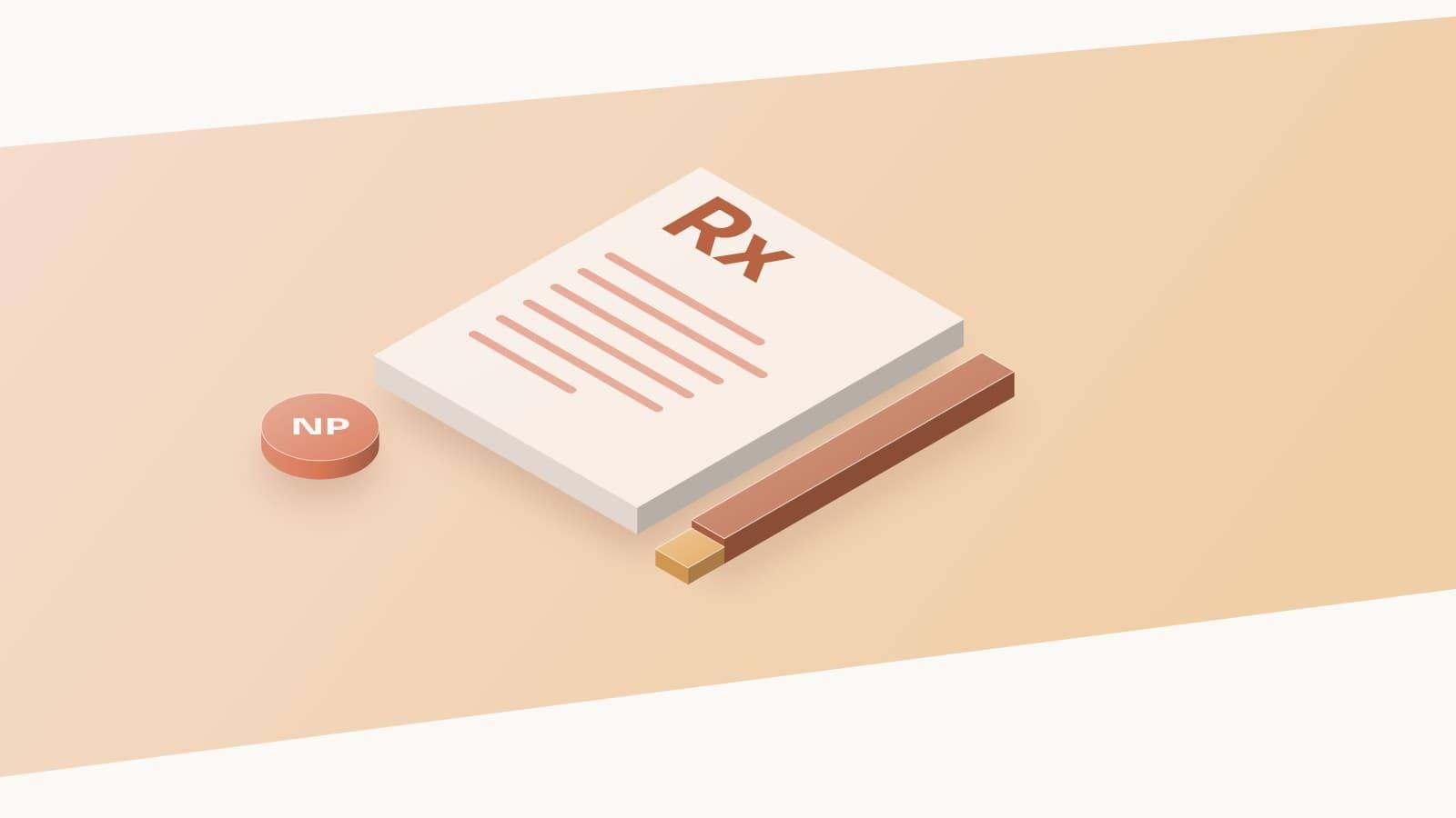 Illustration of a prescription pad and pen beside NP license tokens