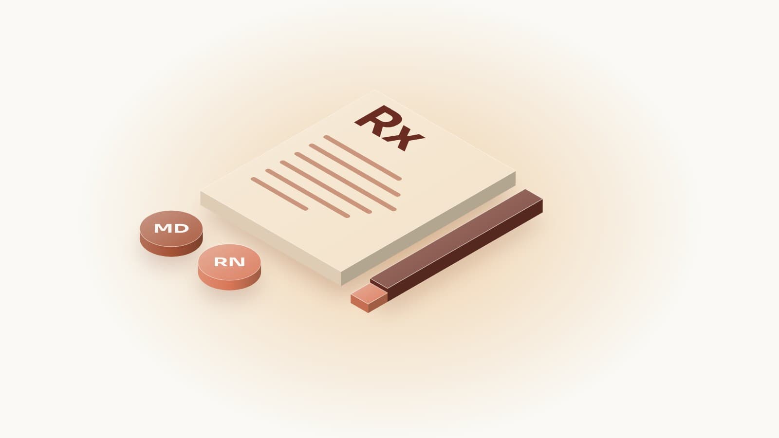 Illustration of a prescription pad and pen beside MD, RN license tokens