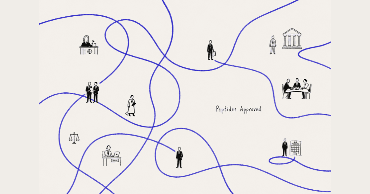 Line drawing of tangled blue paths winding among judges, lawyers, regulators, and industry figures toward the words Peptides Approved.