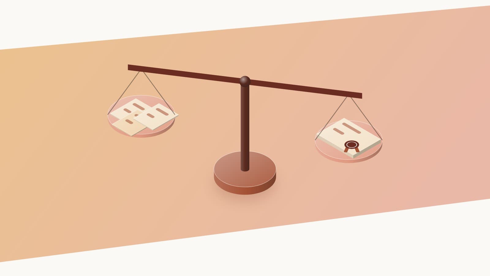 Illustration of a balance scale with loose handouts on the raised pan and a sealed certificate on the lower pan