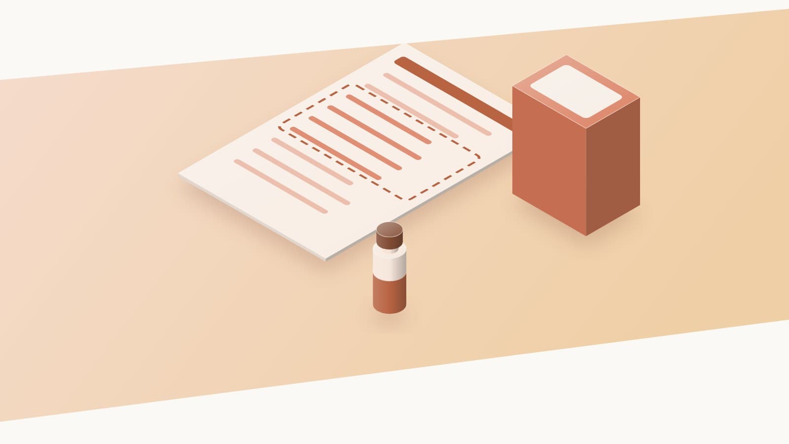 Illustration of an unfolded package insert with its approved uses outlined, a drug carton, and a peptide vial standing off the sheet