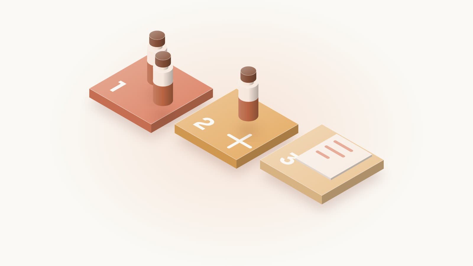 Illustration of three numbered trays: vials in the first, a vial beside a cross in the second, a sheet of paper in the third