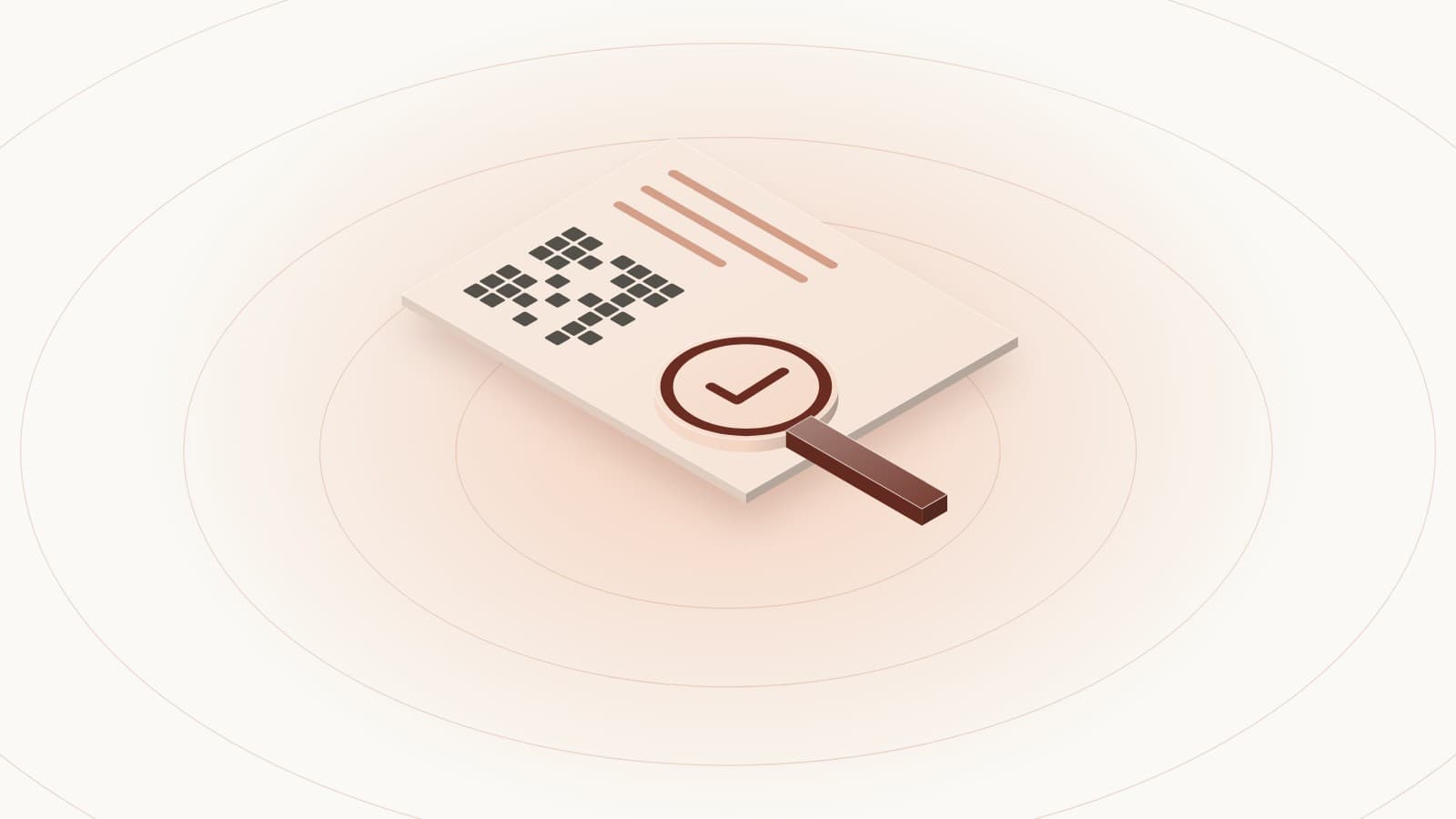 Illustration of a certificate with a scannable code and a magnifying glass