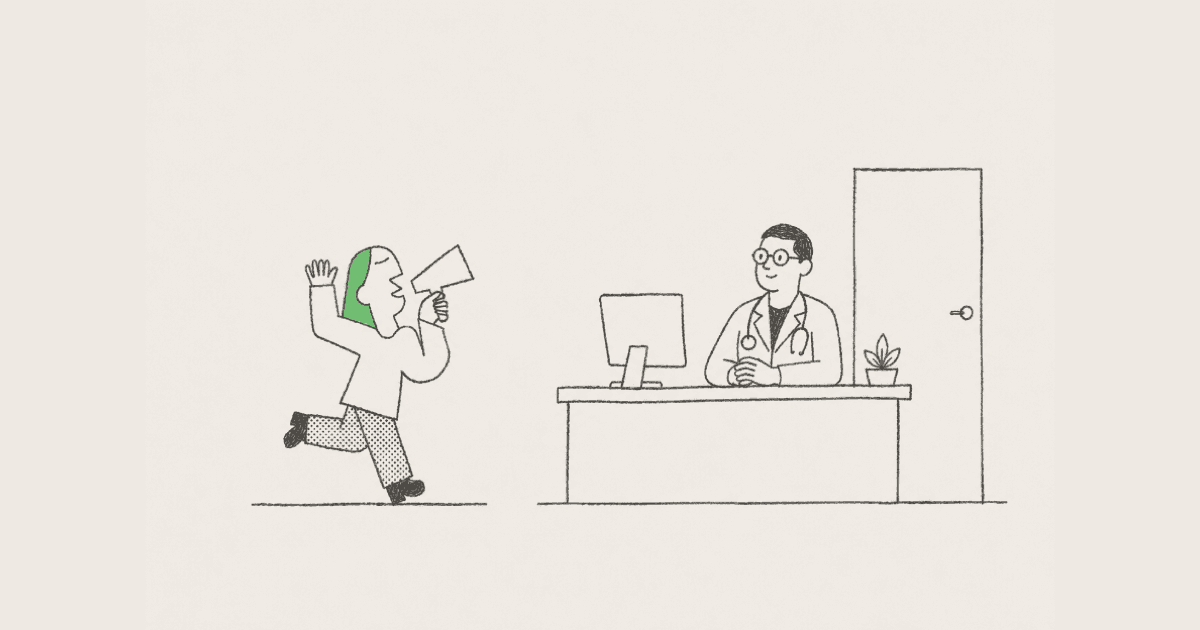 Line drawing of a patient running toward a clinician's desk holding a megaphone while the clinician waits calmly at the computer.