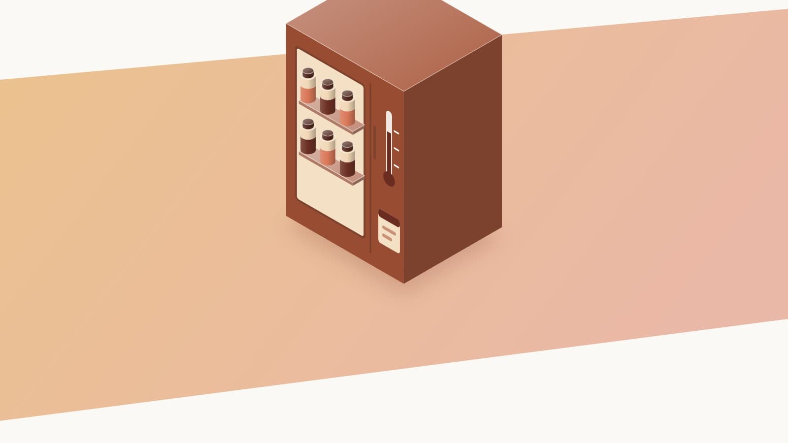 Illustration of a clinic refrigerator holding labeled peptide vials, with a thermometer on the door