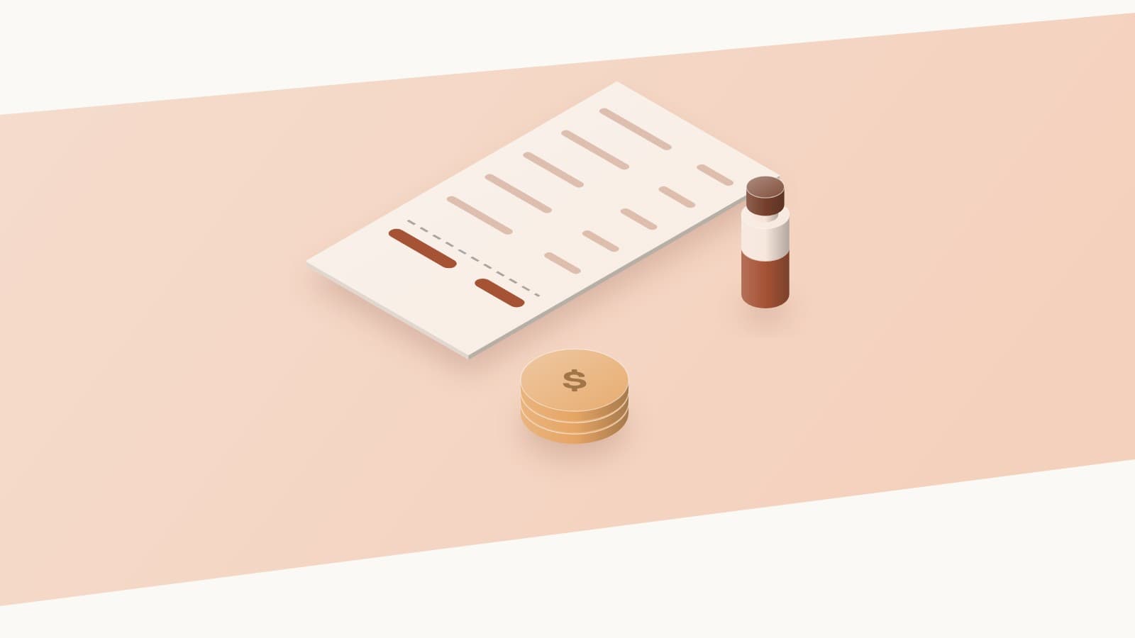 Illustration of an itemized receipt beside a peptide vial and a short stack of coins