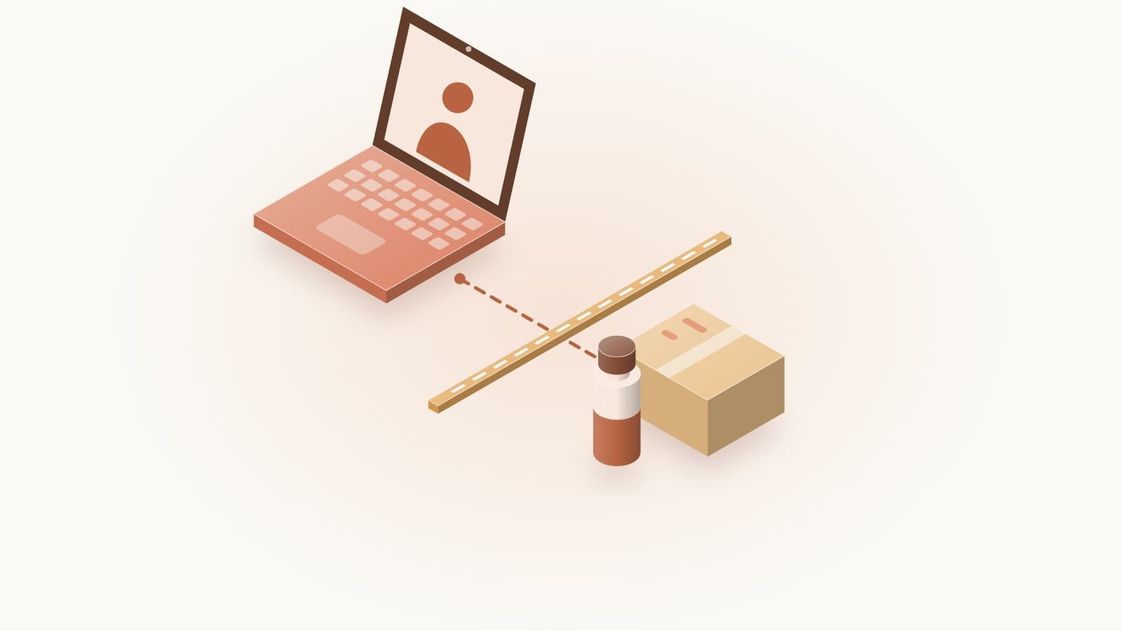 Illustration of a laptop video visit linked across a state border to a shipping parcel and a peptide vial
