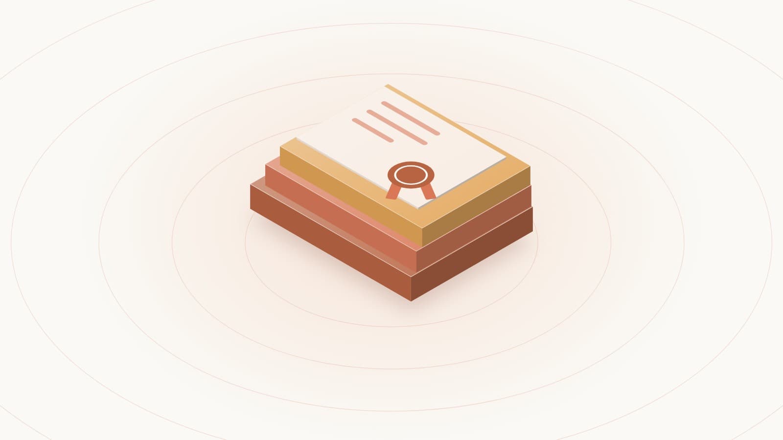 Illustration of stacked course modules topped by a certificate with a rosette