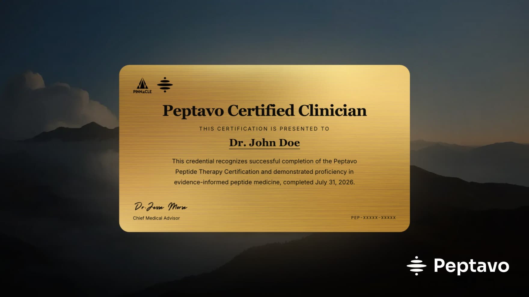 A gold Peptavo Certified Clinician certificate presented to Dr. John Doe, glowing above a mountain landscape with the Peptavo wordmark in the corner.
