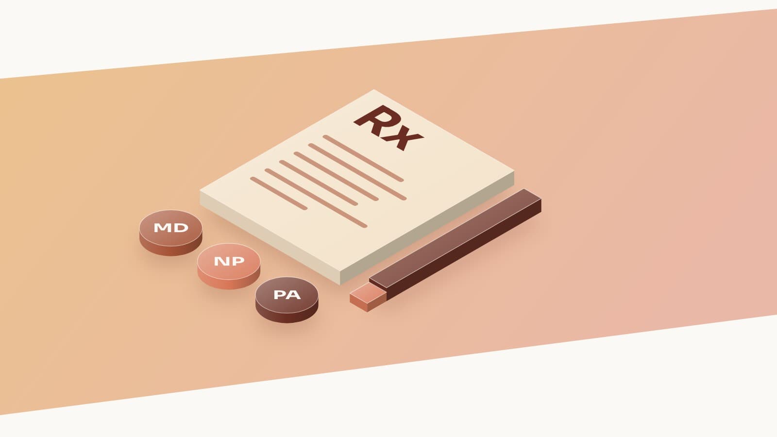 Illustration of a prescription pad and pen beside MD, NP, PA license tokens